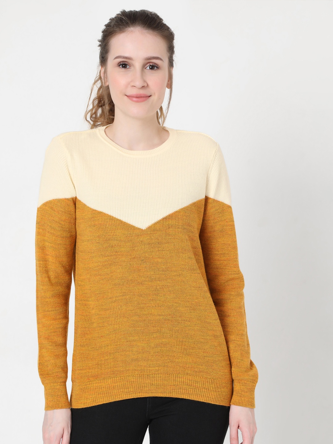 

Vero Moda Women Yellow & Off White Colourblocked Pullover