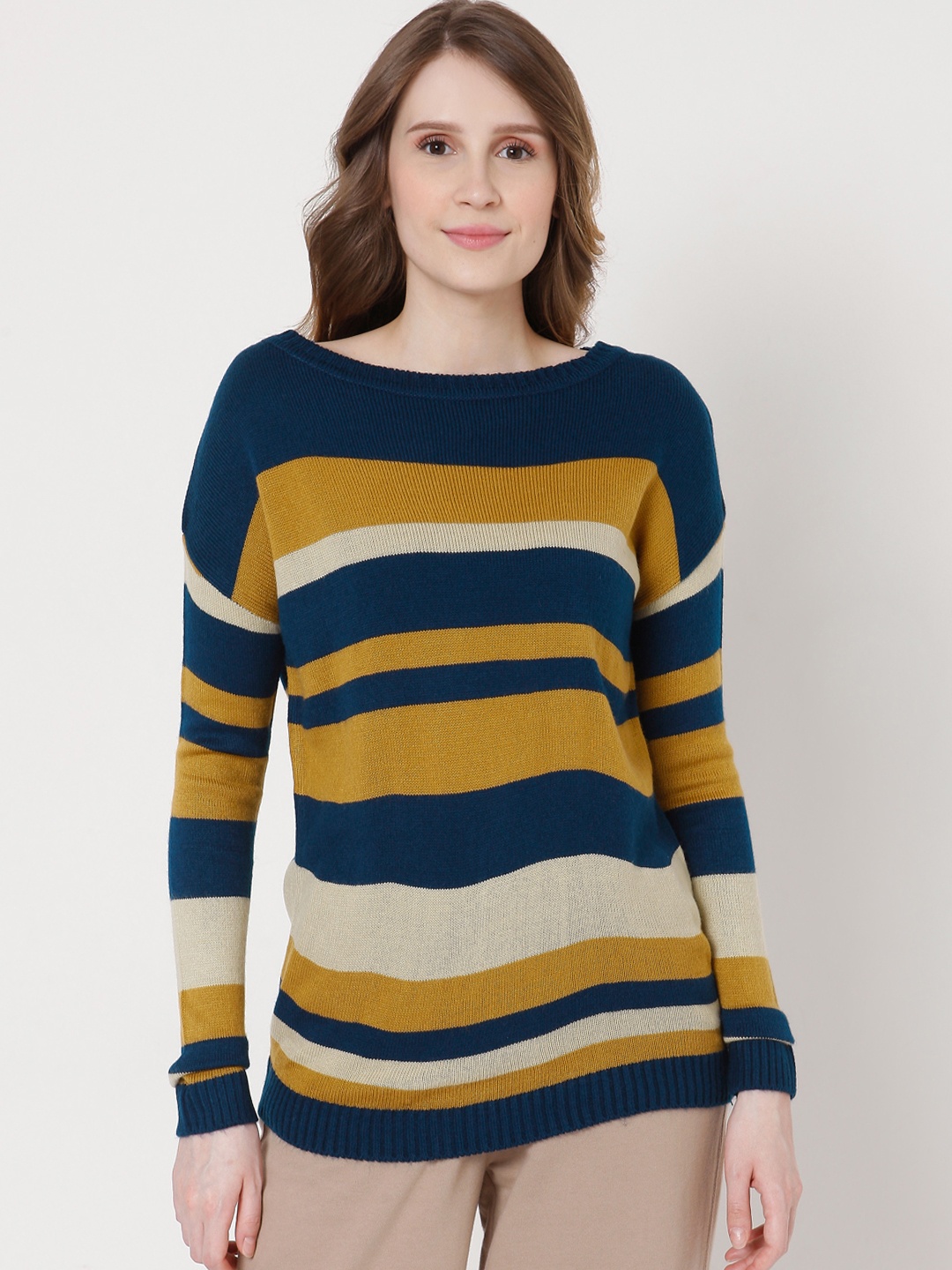 

Vero Moda Women Teal Blue & Mustard Striped Drop-Shoulder Pullover