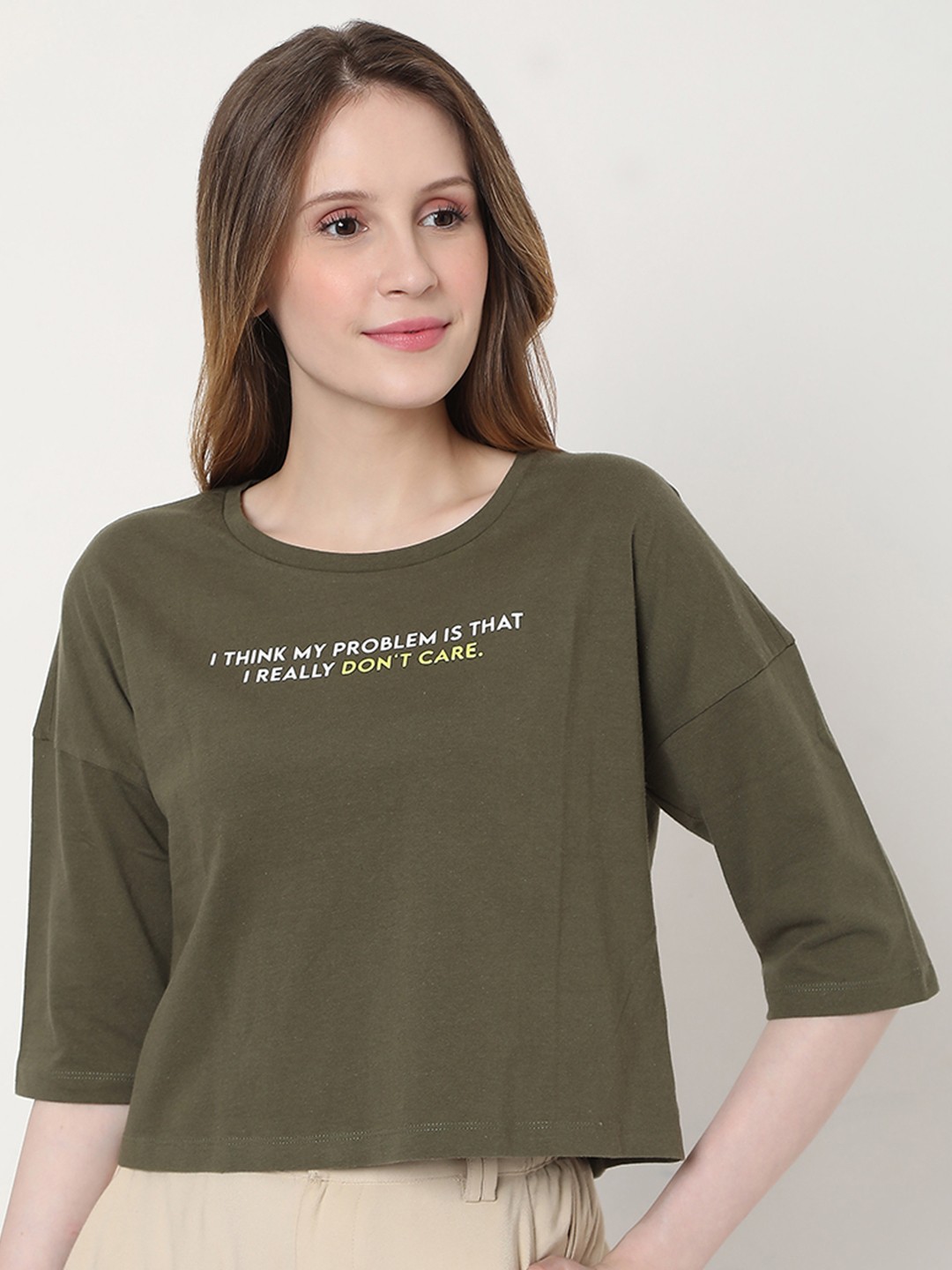 

Vero Moda Women Olive Green Typography Printed Crop Drop-Shoulder T-shirt