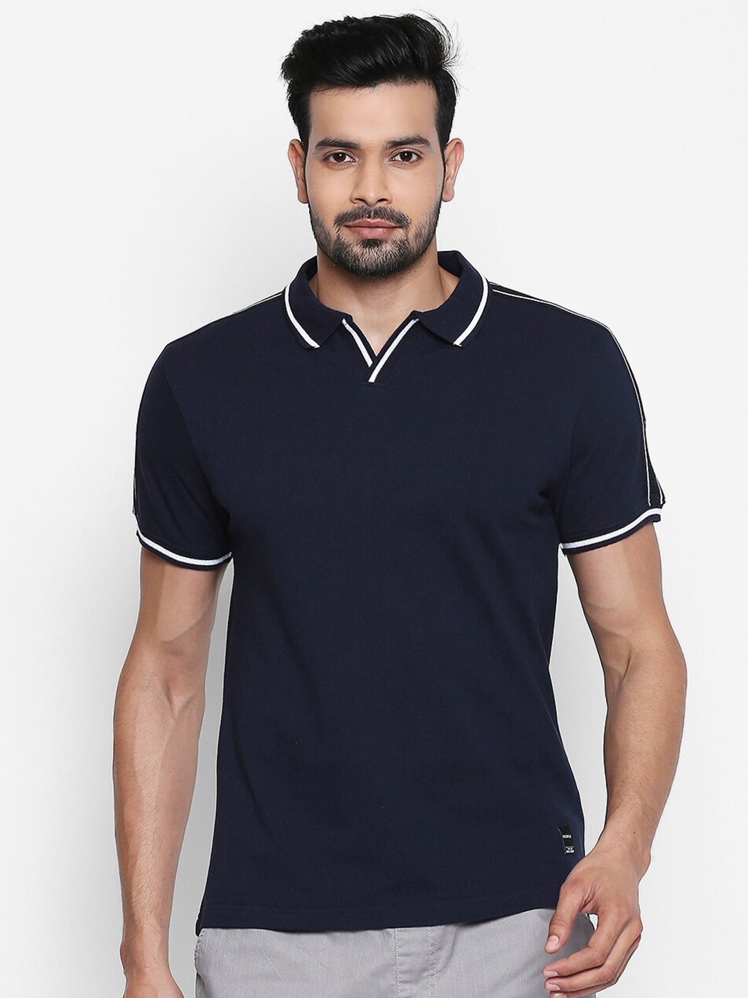 

People Men Navy Blue Polo Collar Cotton T-shirt