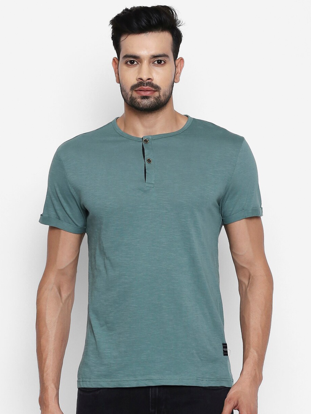 

People Men Green Henley Neck Cotton T-shirt