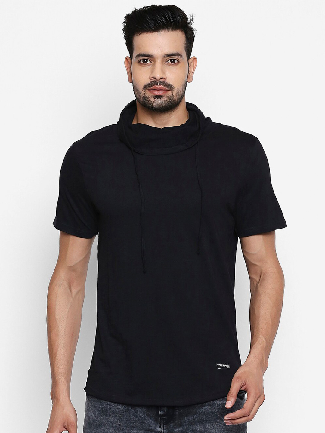 

People Men Black Cowl Neck Cotton T-shirt