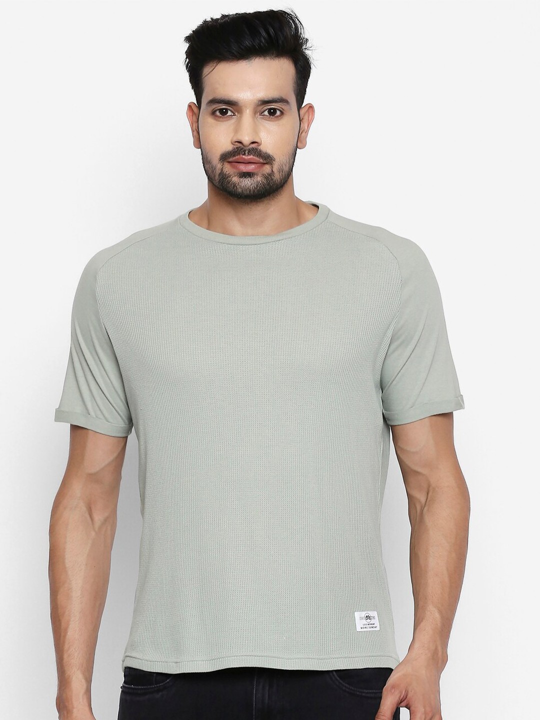 

People Men Green Raw Edge Pure Cotton T-shirt