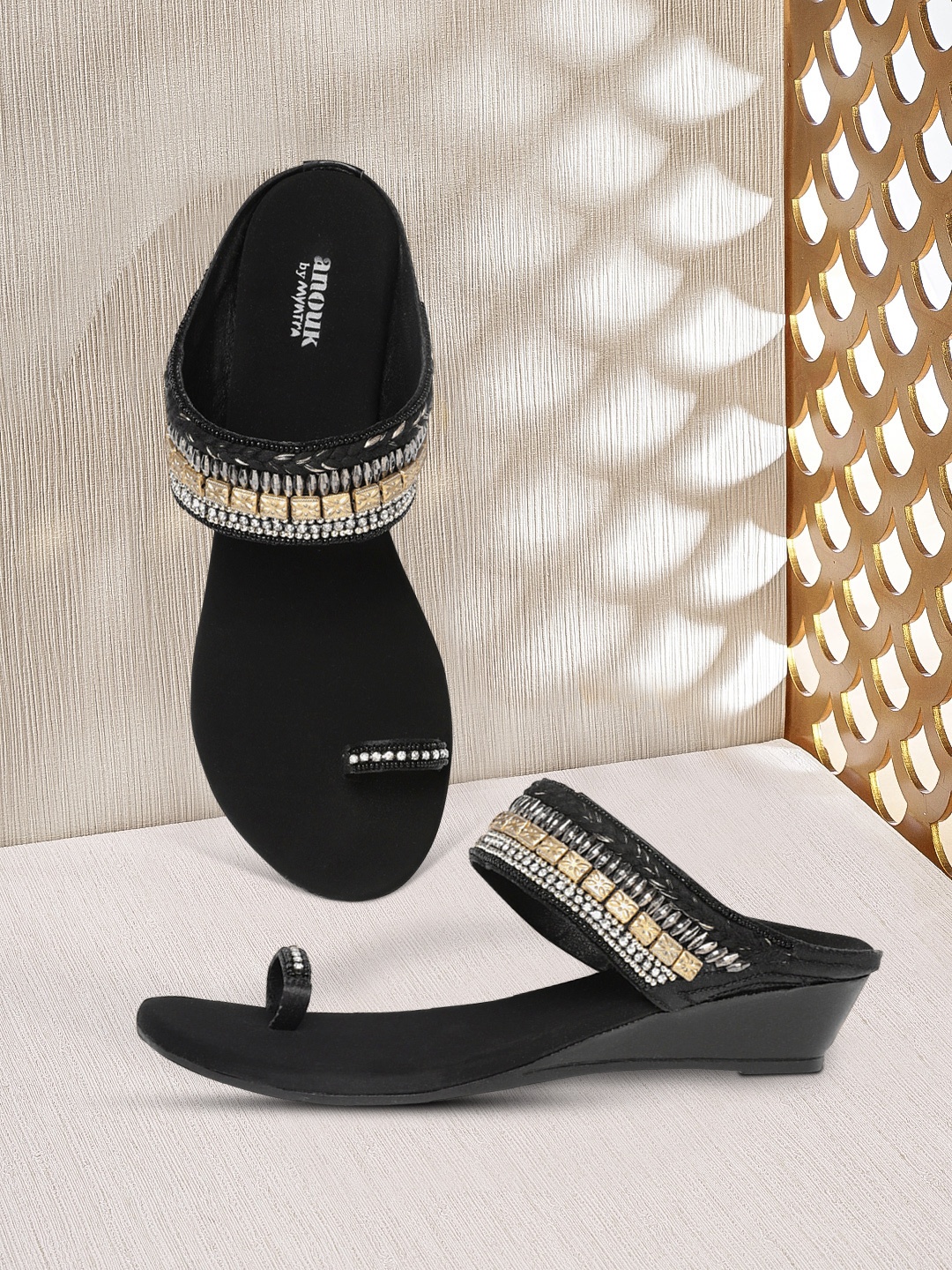 

Anouk Black & Gold-Toned Embellished Wedges