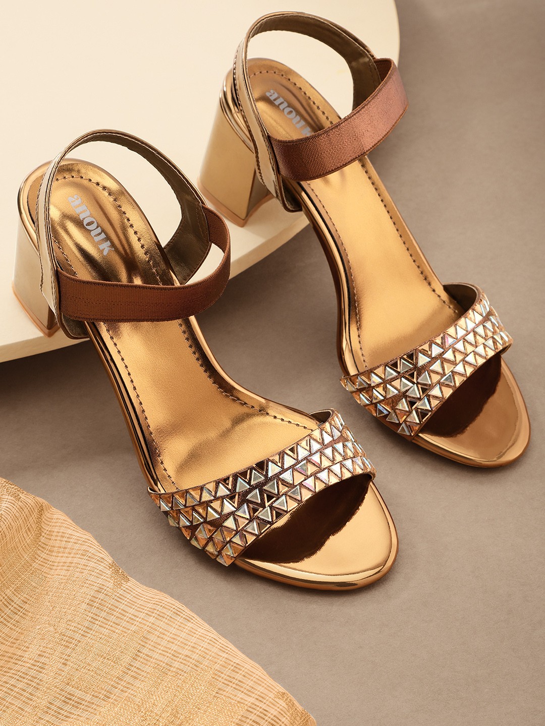 

Anouk Gold-Toned & Copper-Toned Embellished Block Sandals