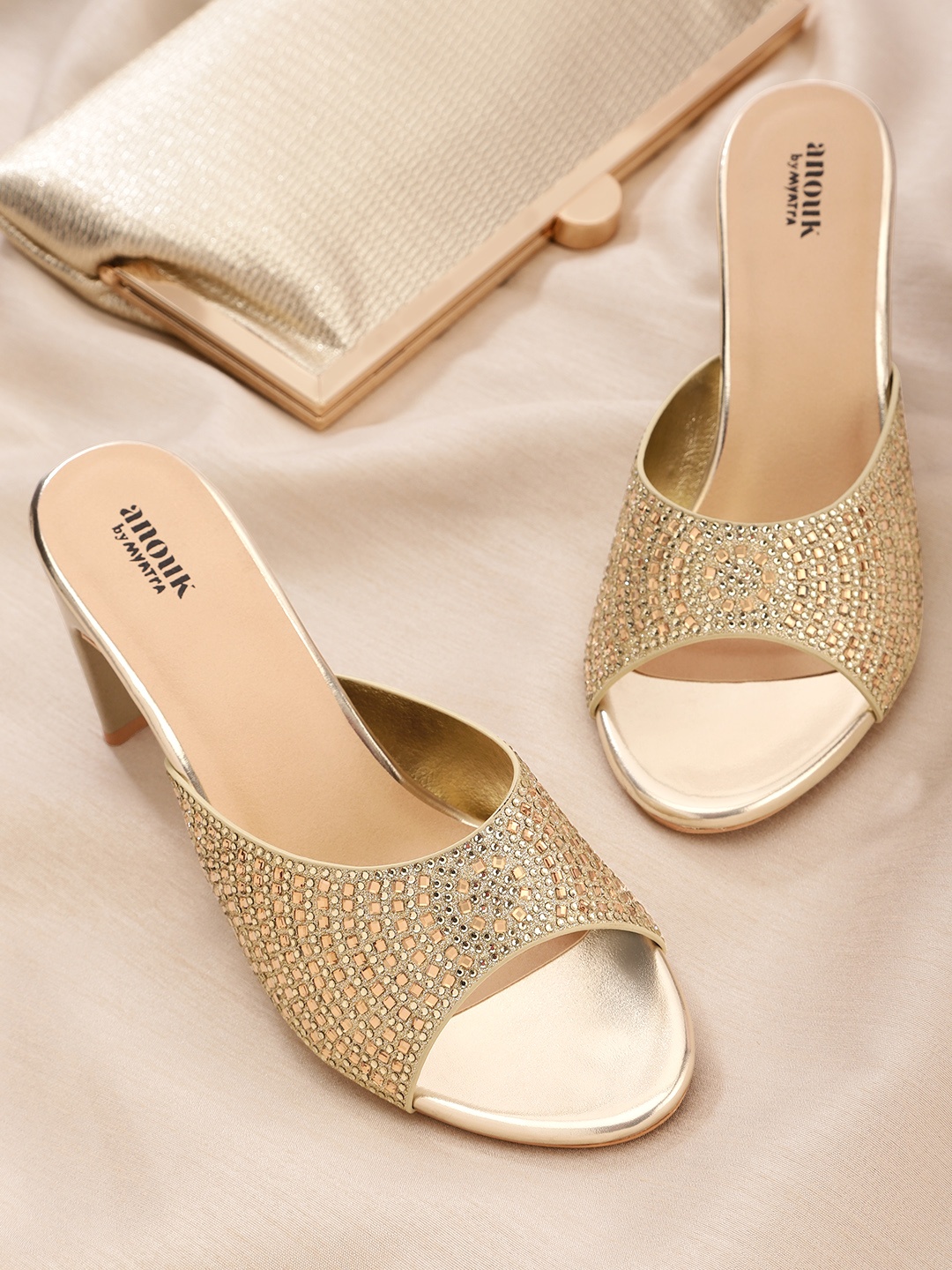 

Anouk Gold-Toned Embellished Party Open-Toe Block Heels