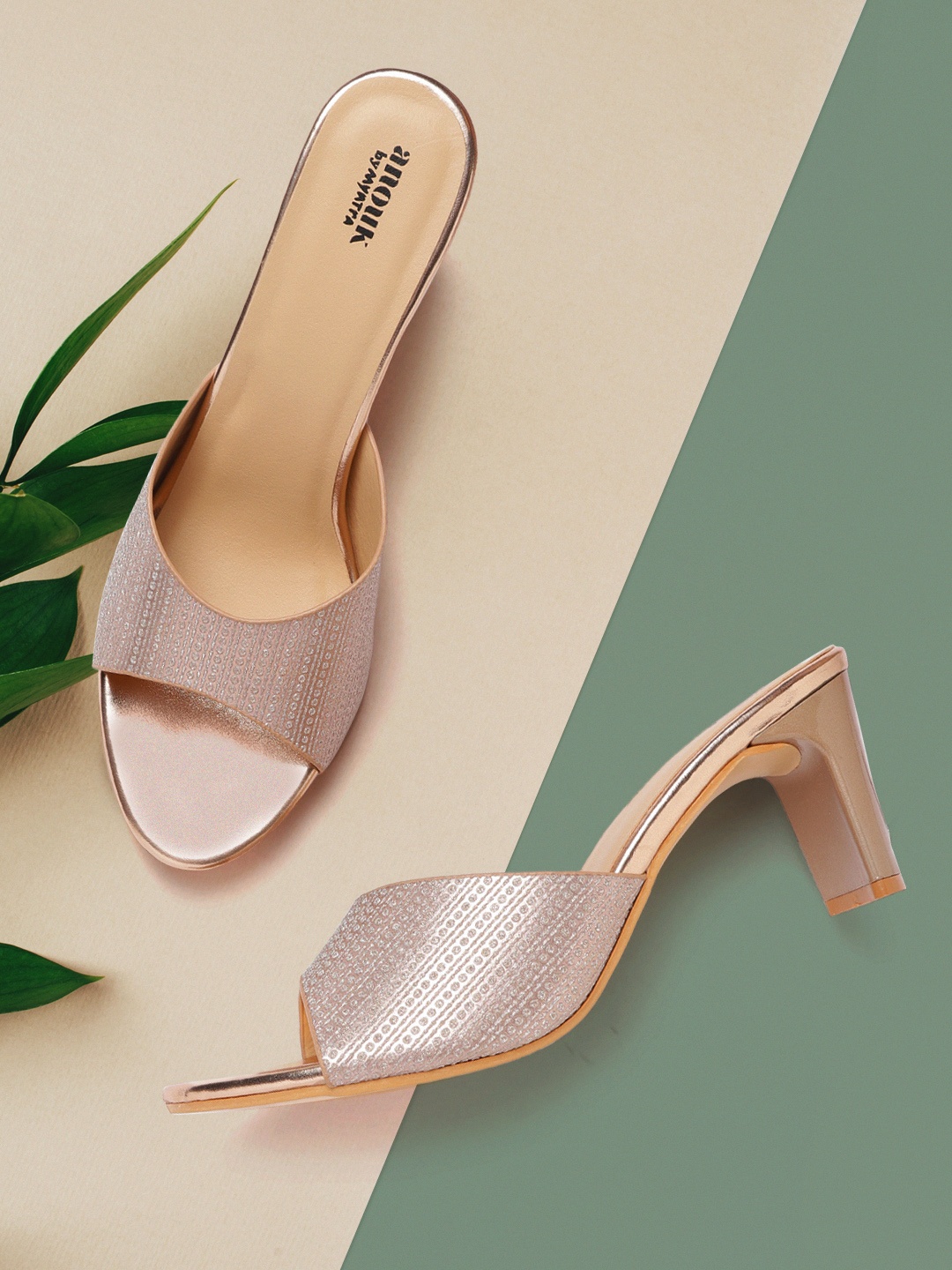 

Anouk Rose Gold-Toned Shimmery Textured Party Open-Toe Block Heels