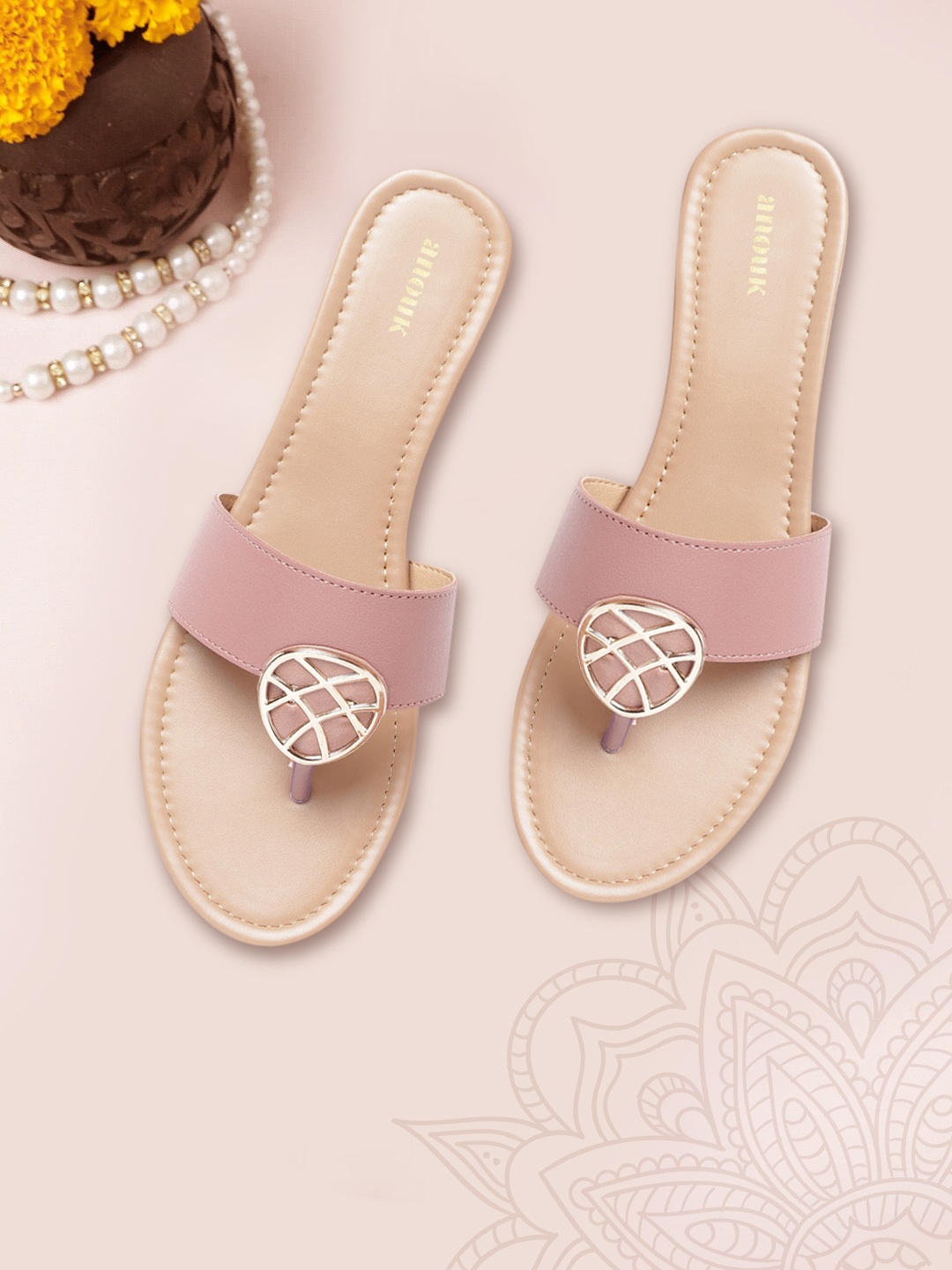 

Anouk Pink Solid Open-Toe Wedges with Embellished Detail