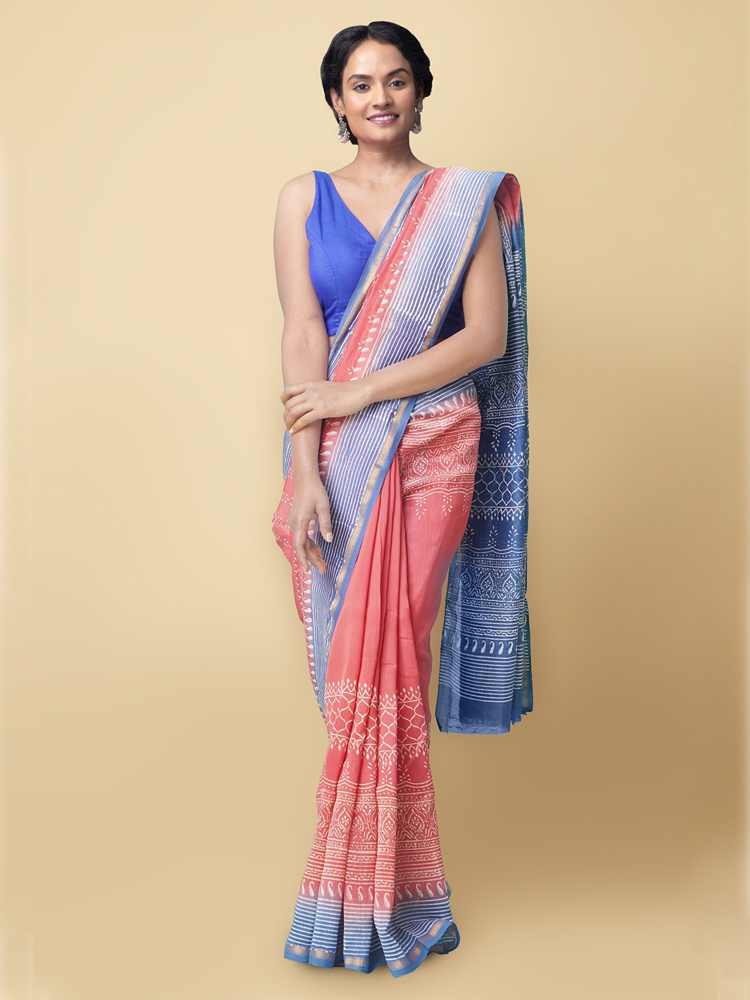 

Unnati Silks Pink & Blue Ethnic Motifs Block Printed Silk Cotton Chanderi Saree