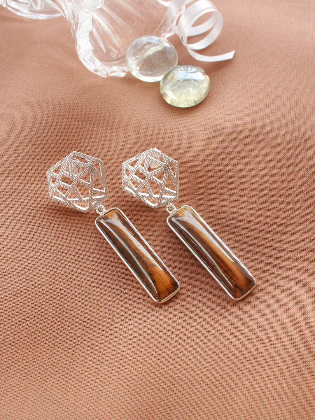 

ERILINE JEWELRY Boxy Earrings in 925 Sterling Silver with Tigers Eye