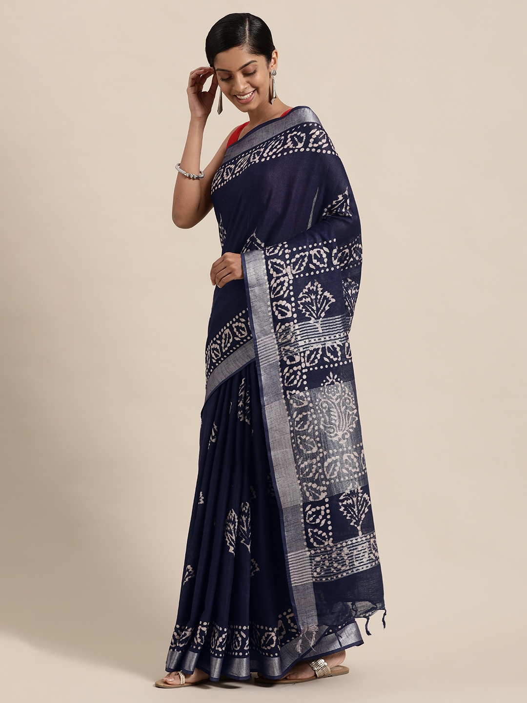 

swatika Blue Batik Zari Linen Blend Bhagalpuri Saree