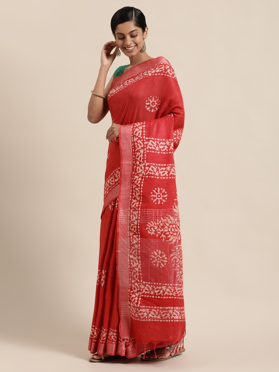

swatika Red Batik Zari Linen Blend Bhagalpuri Saree