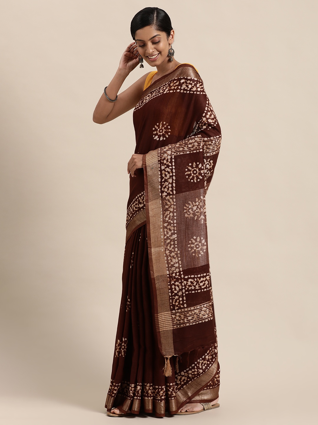 

swatika Brown Batik Zari Linen Blend Bhagalpuri Saree