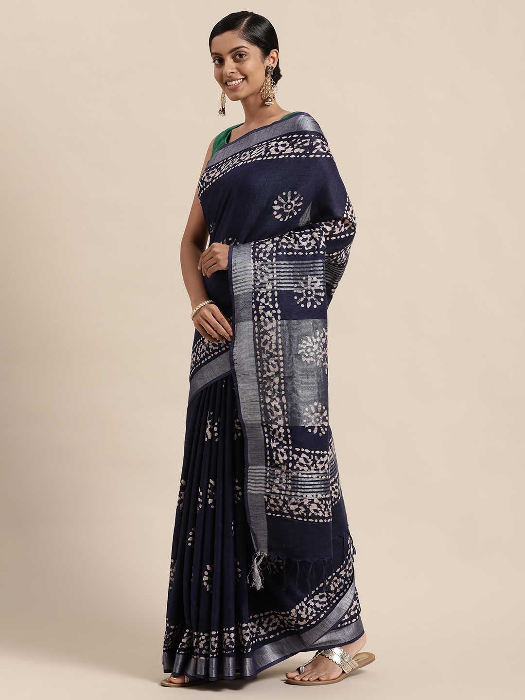 

swatika Blue & Off White Batik Zari Linen Blend Bhagalpuri Saree