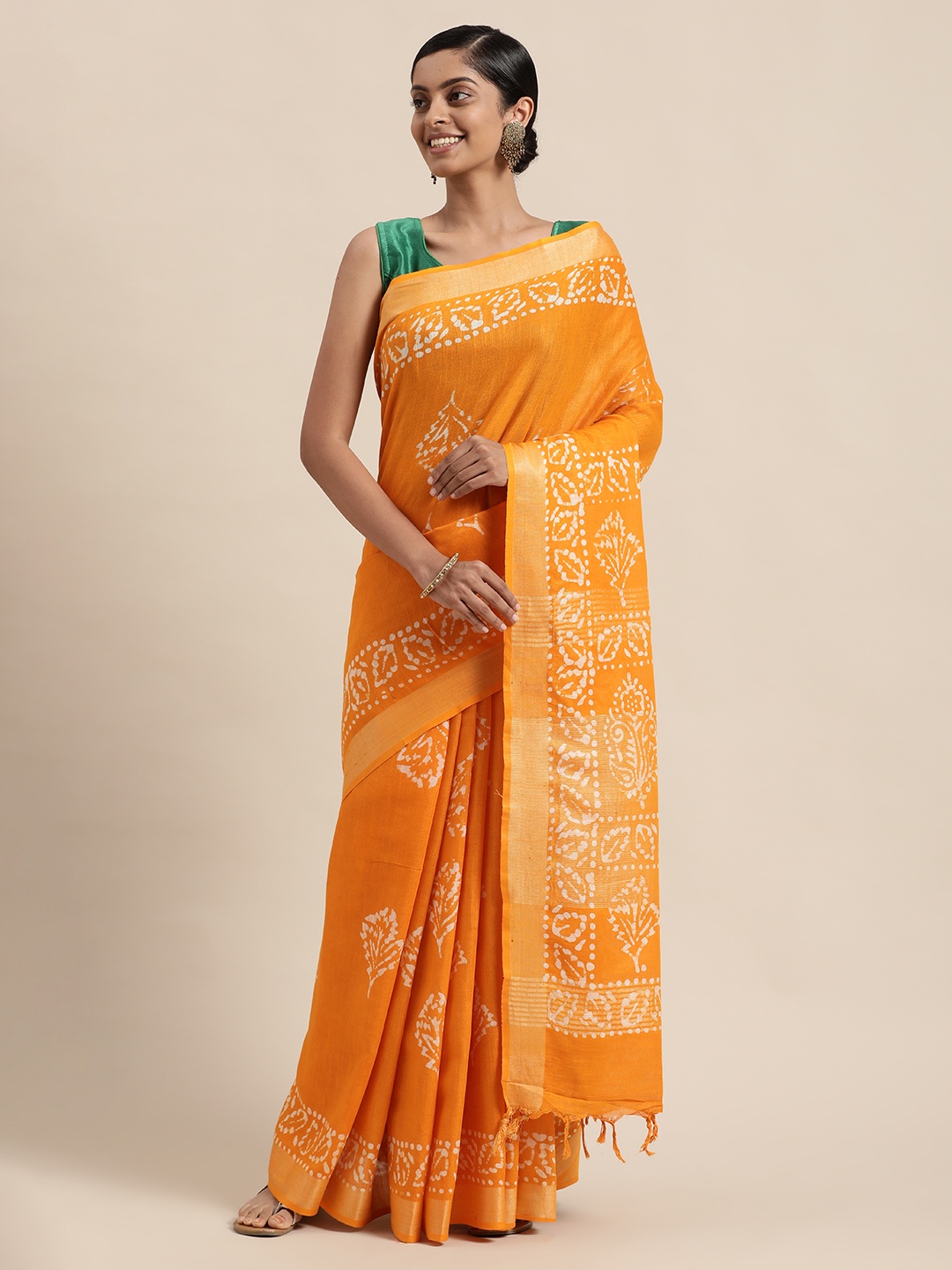 

swatika Yellow & Off White Batik Zari Linen Blend Bhagalpuri Saree