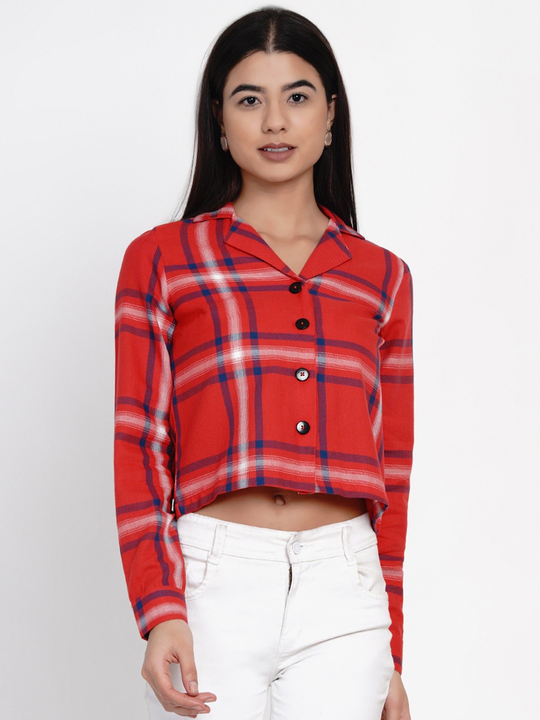 

IX IMPRESSION Red Checked Shirt Style Crop Top
