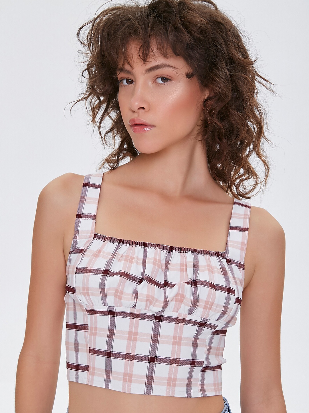 

FOREVER 21 White & Brown Checked Fitted Crop Top