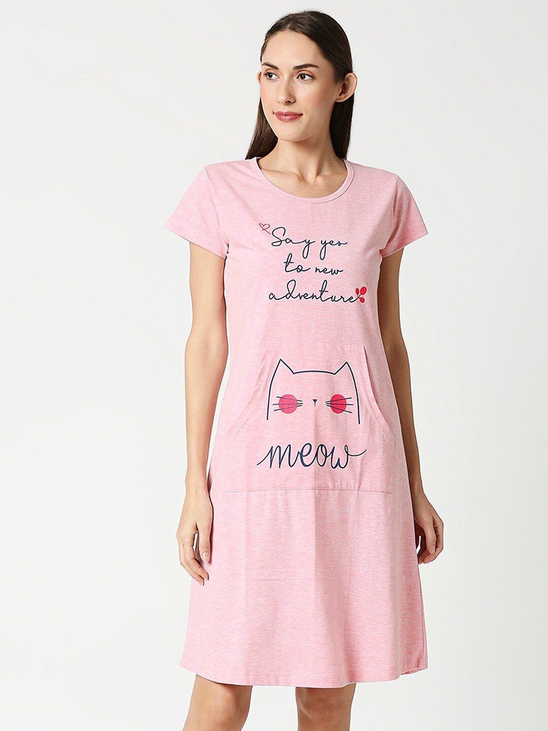 

AV2 Women Pink Printed Knee Length T- Shirt Nightdress