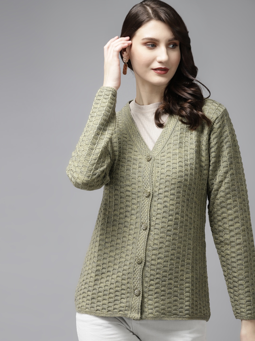 

Cayman Women Olive Green Woven Design Cardigan