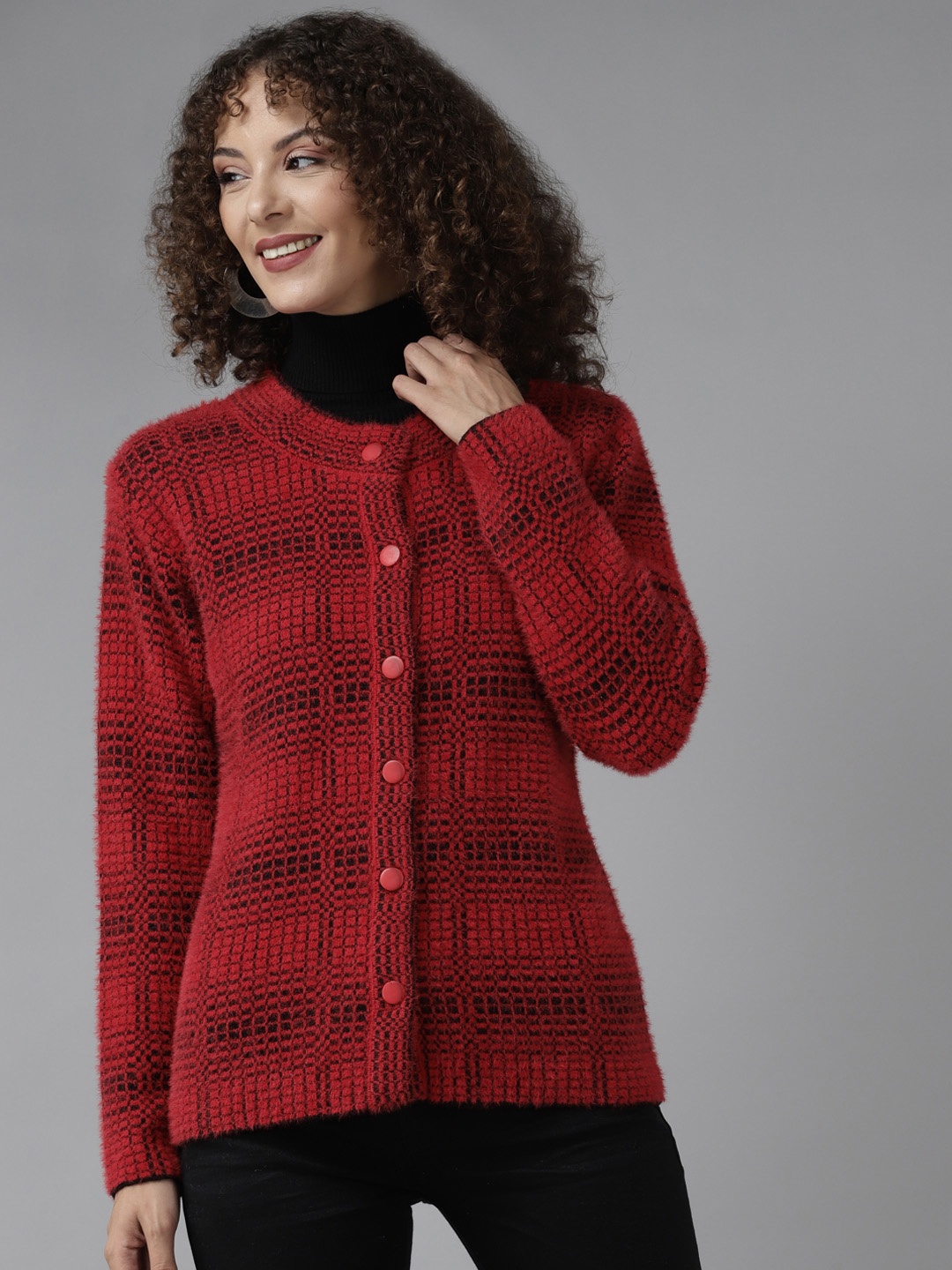 

Cayman Women Red & Black Fuzzy Checked Woollen Cardigan