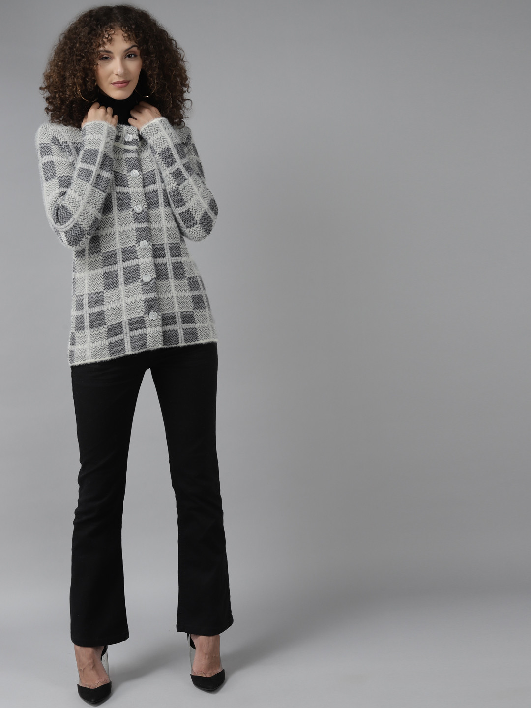 

Cayman Women Grey Self Design Woollen Cardigan