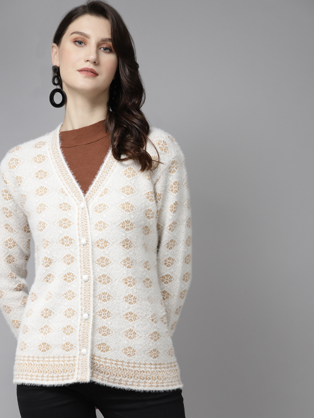 

Cayman Women Off White & Golden Woollen Self-Design Cardigan with Fuzzy Detail