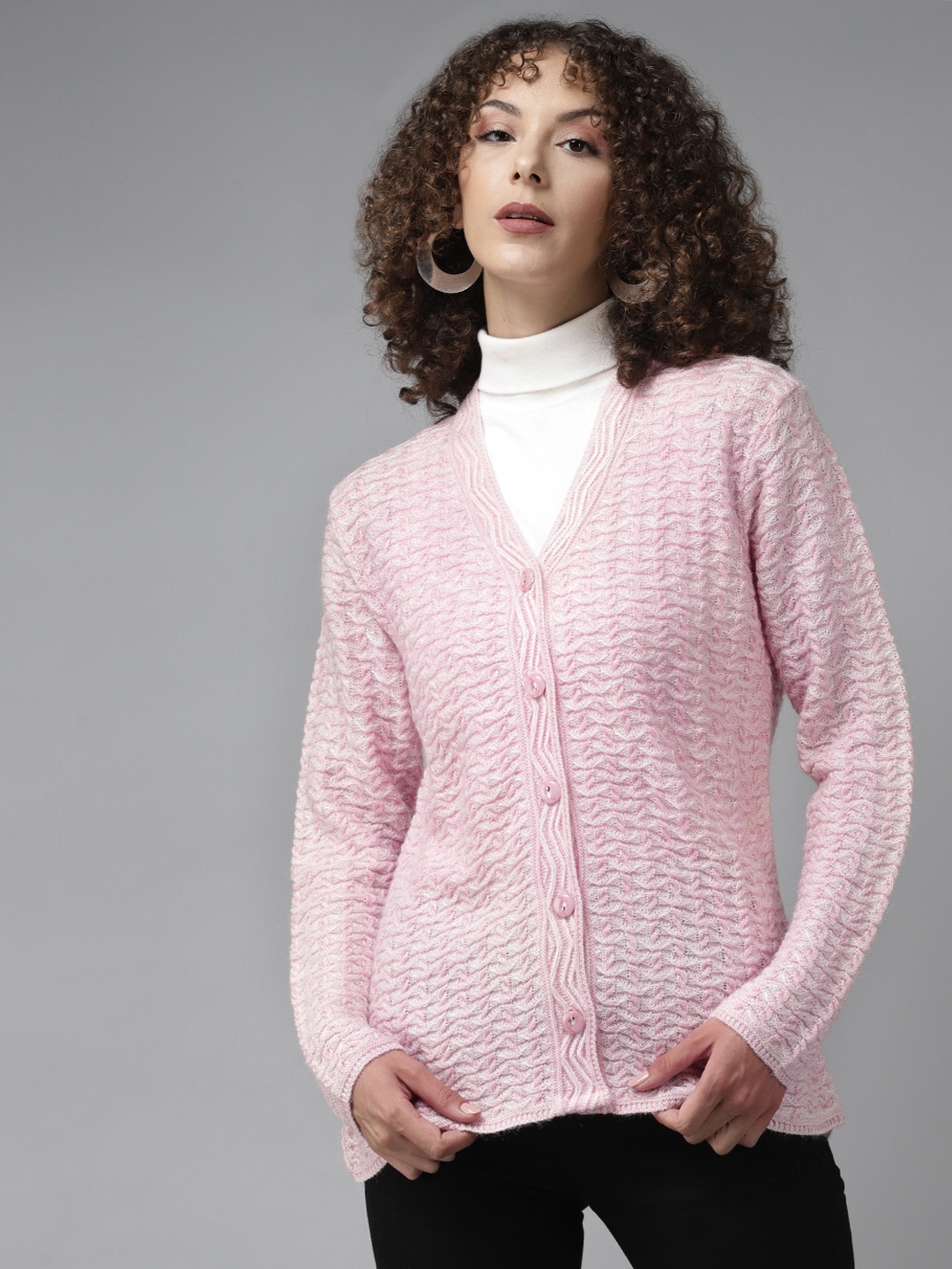 

Cayman Women Pink Self Design Woollen Cardigan