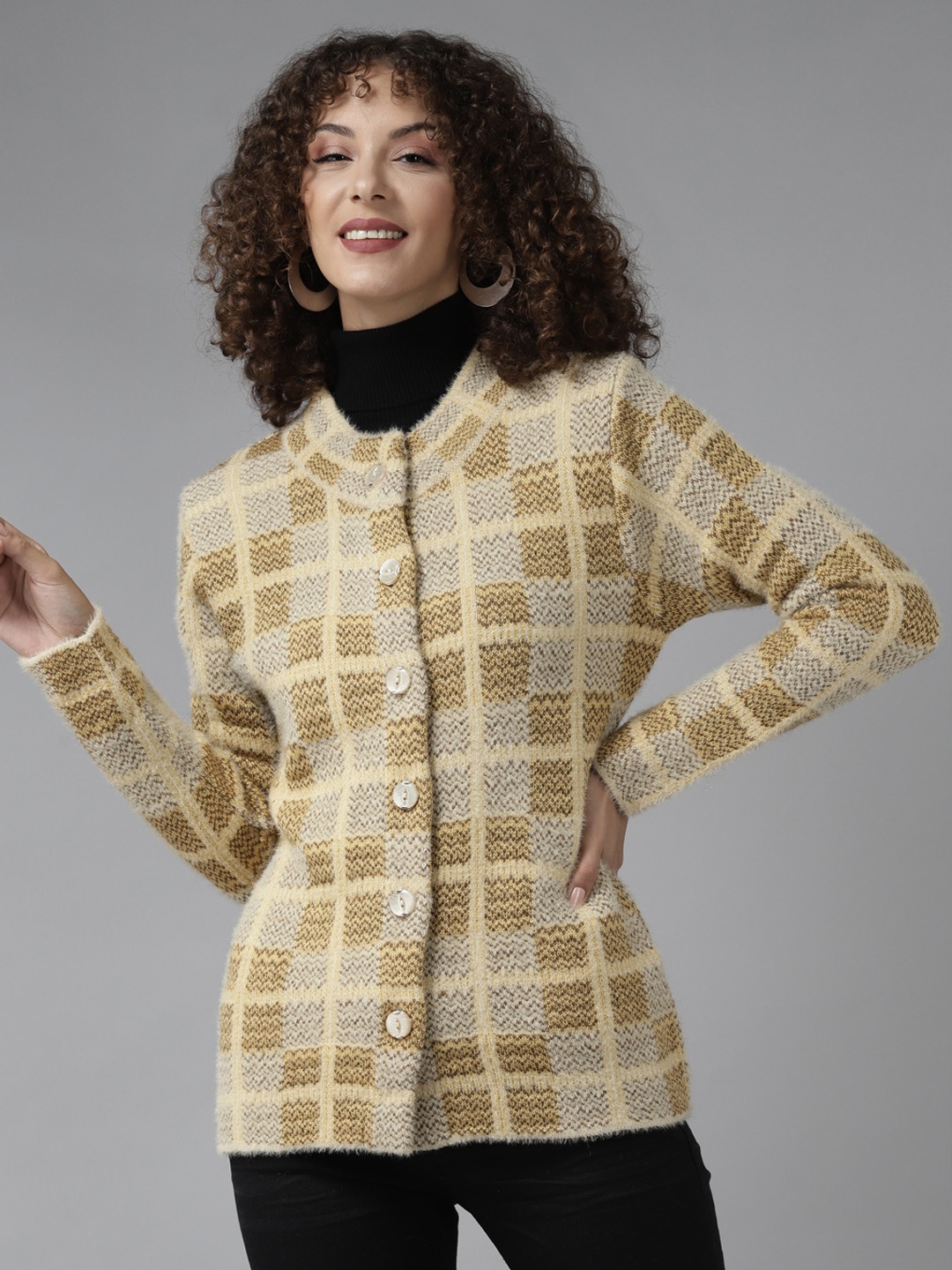 

Cayman Women Mustard Yellow & Off-White Checked Woollen Cardigan