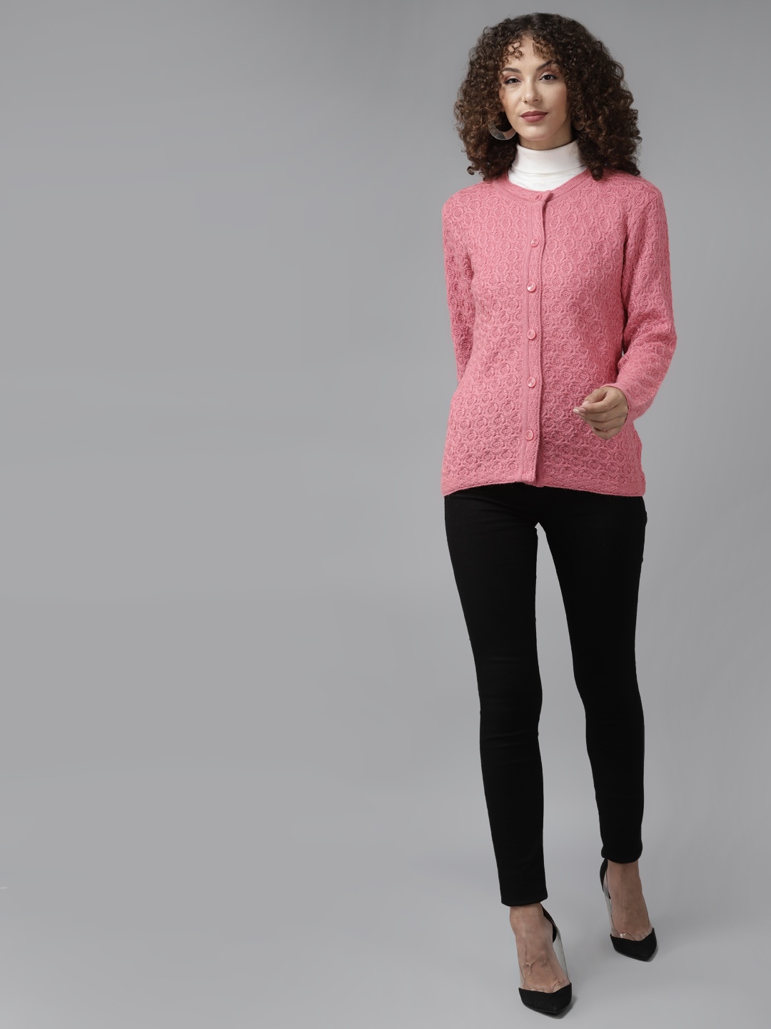 

Cayman Women Pink Self Design Woollen Cardigan