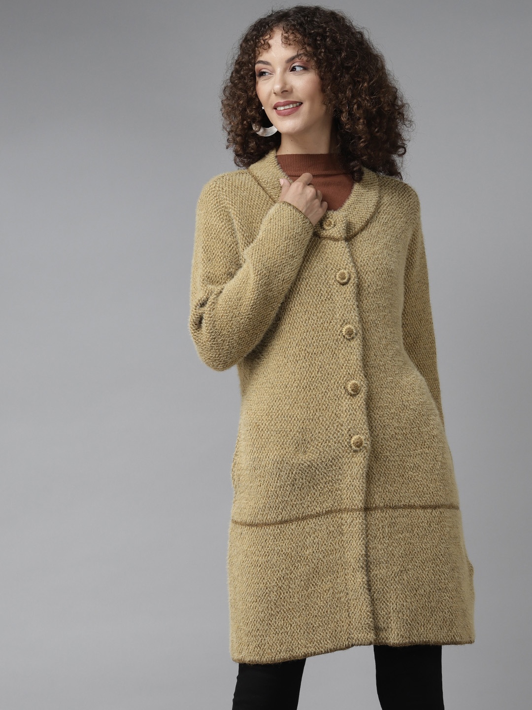 

Cayman Women Mustard Yellow Self Design Fuzzy Woollen Longline Cardigan