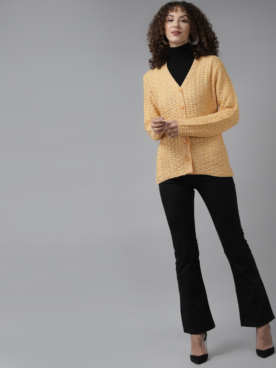 

Cayman Women Yellow Self Design Woollen Cardigan