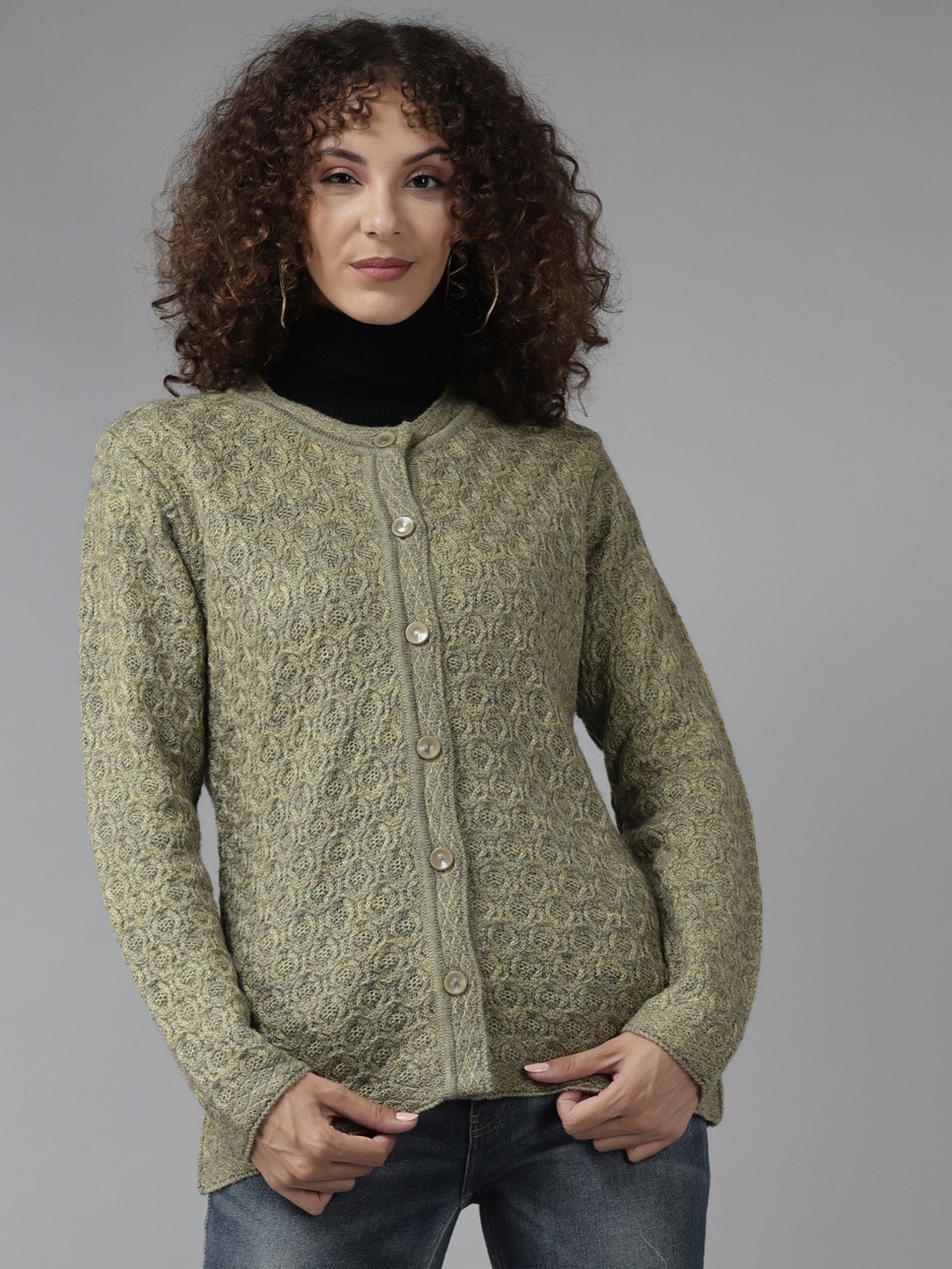 

Cayman Women Olive Green Woven Design Cardigan