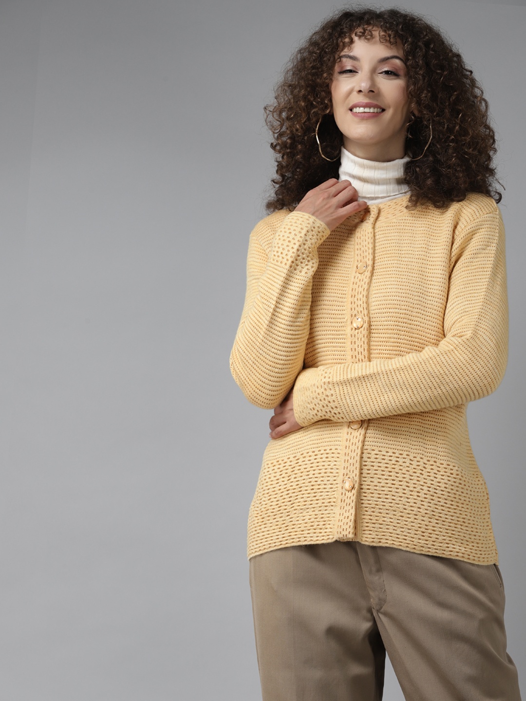 

Cayman Women Yellow Self-Design Pure Wool Cardigan