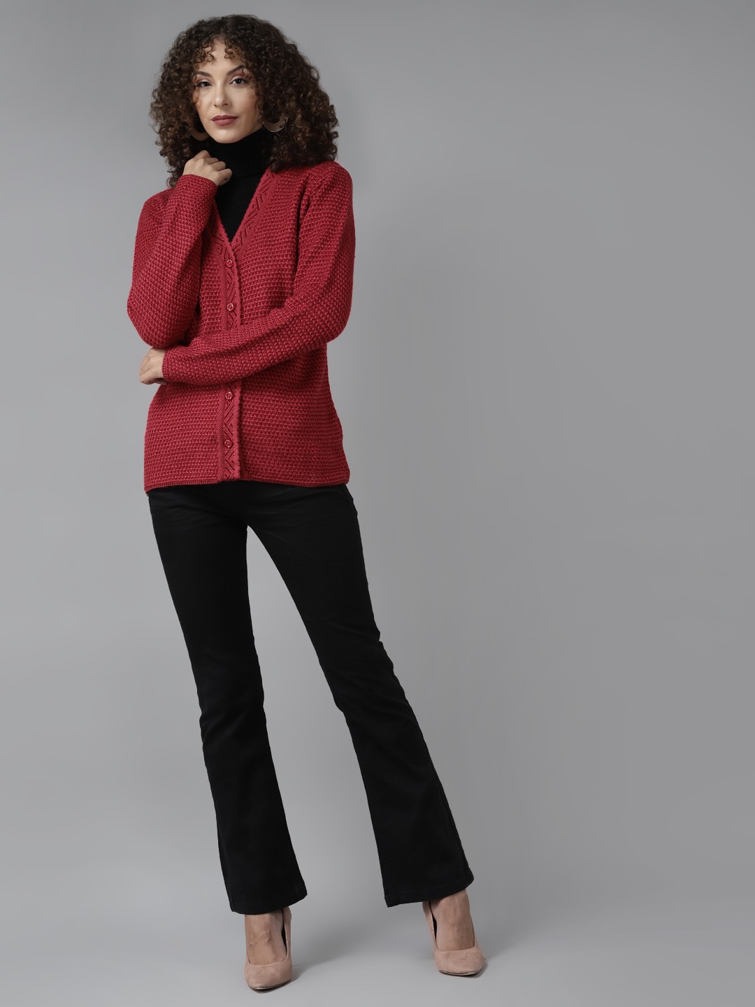 

Cayman Women Maroon Self Design Woollen Cardigan