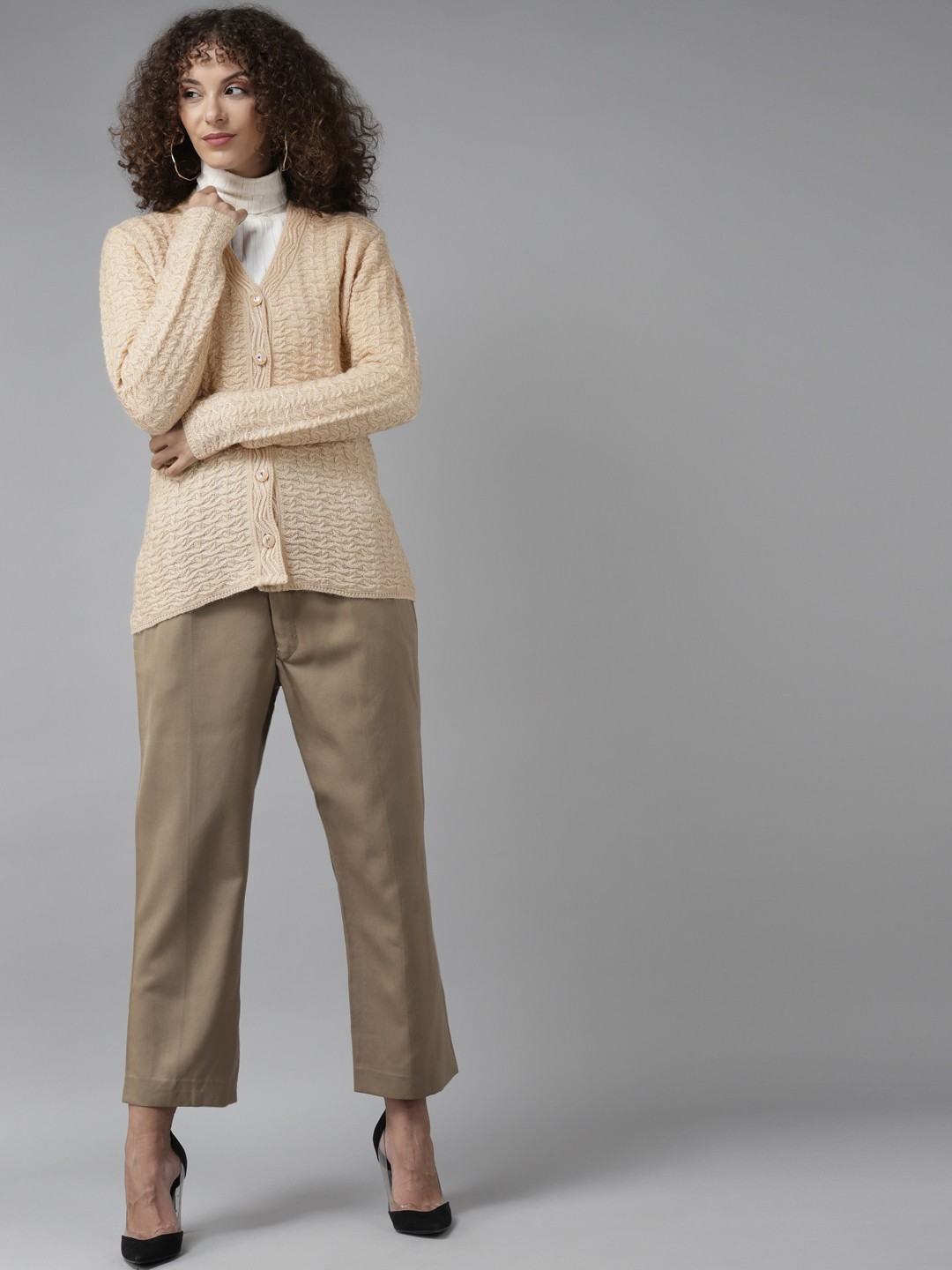 

Cayman Women Beige Cable Knit Woollen Cardigan