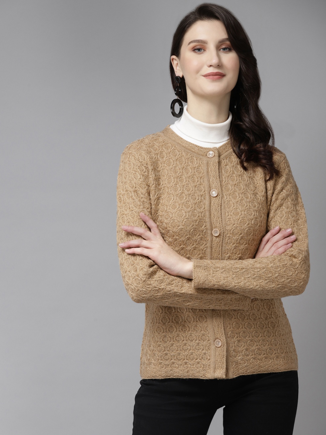 

Cayman Women Beige Self Design Woollen Cardigan