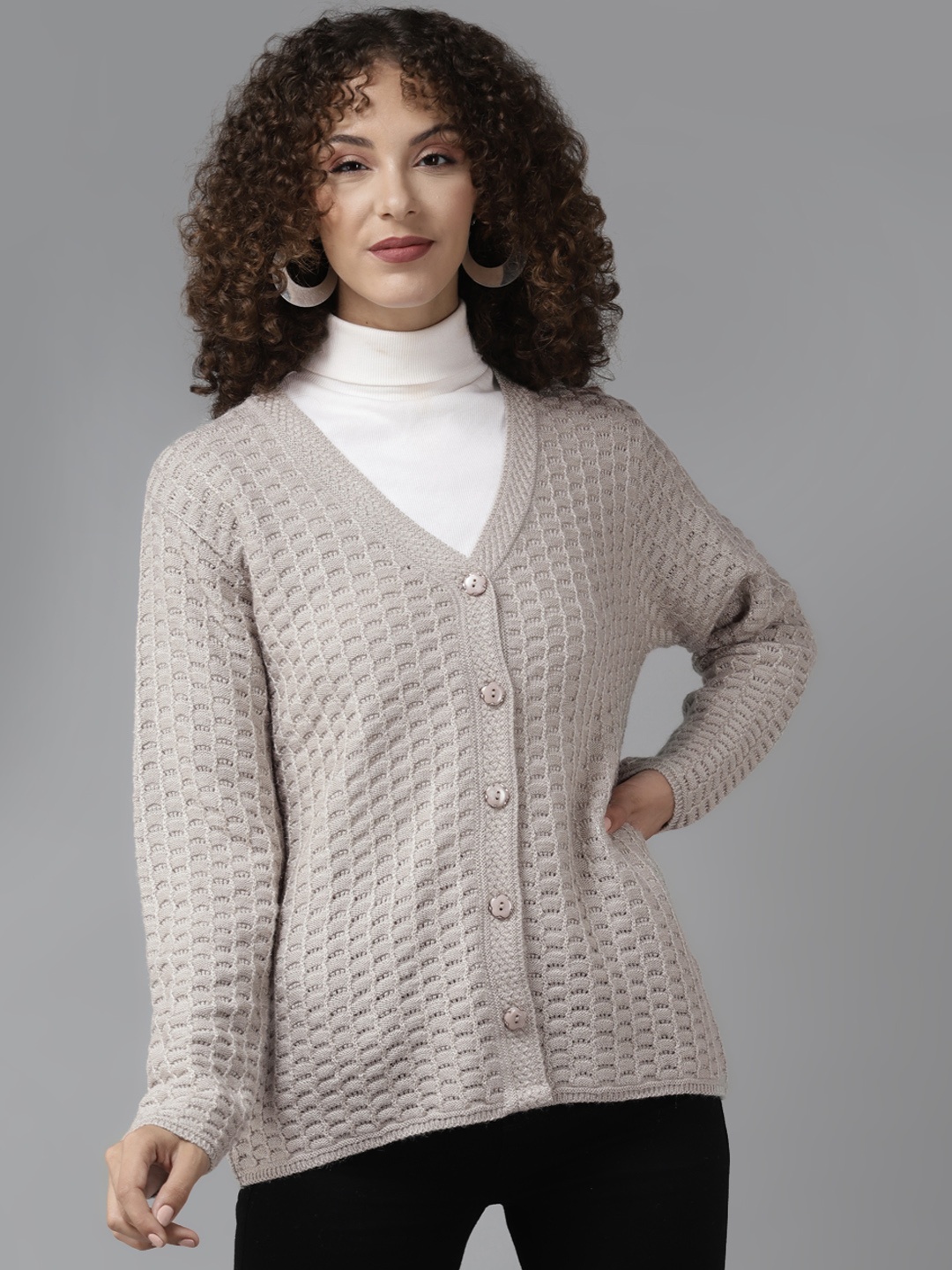 

Cayman Women Grey Self Design Woollen Cardigan