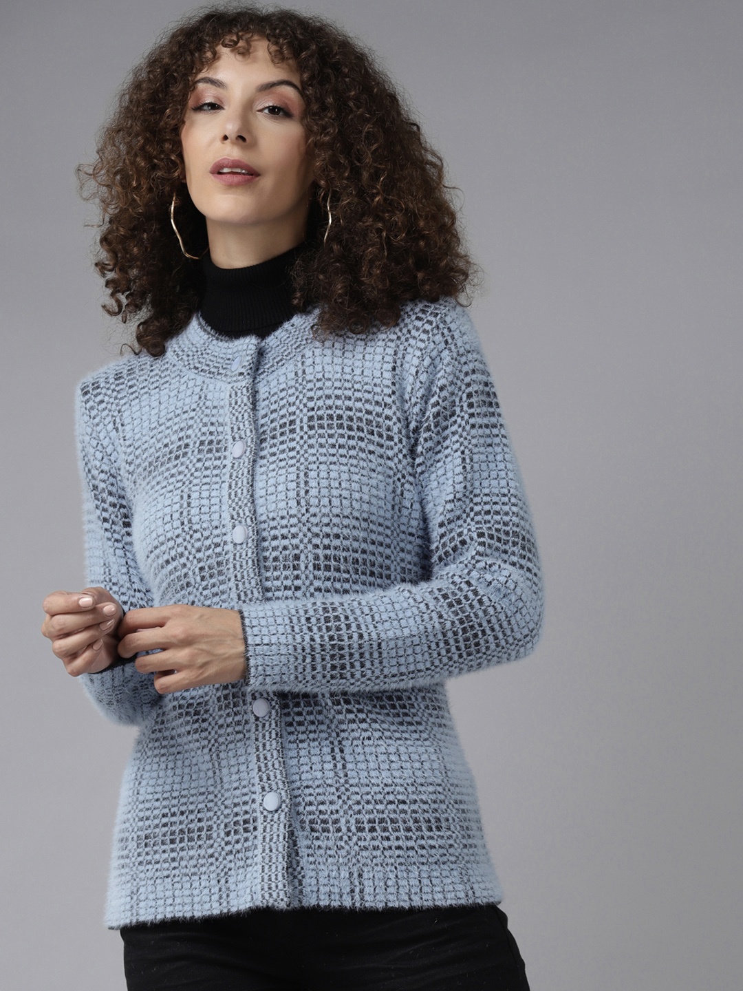 

Cayman Women Blue & Charcoal Grey Self-Design Woollen Cardigan with Fuzzy Detail