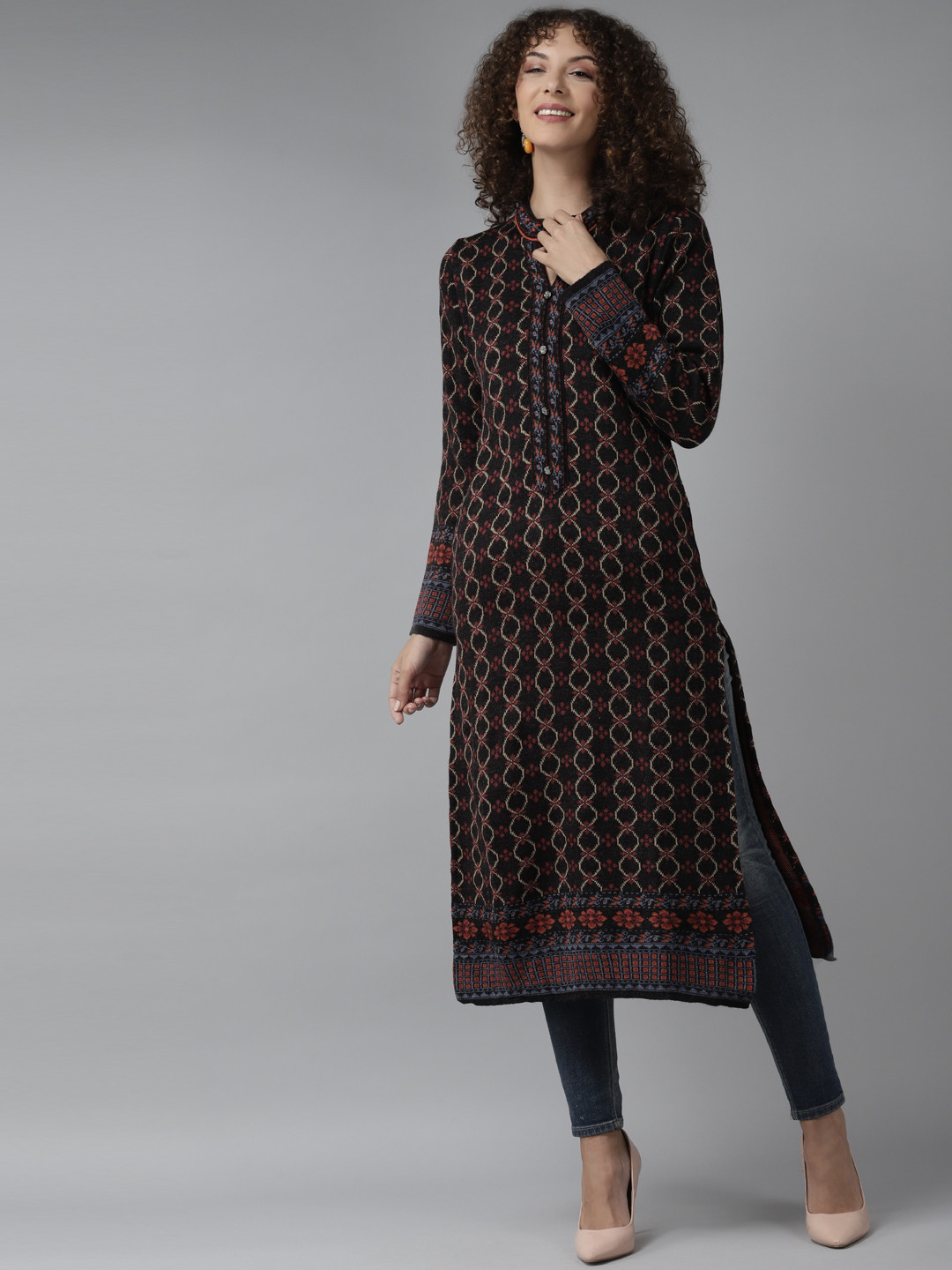 

Cayman Women Black & Beige Ethnic Motifs Woven Design Pure Wool Straight Winter Kurta