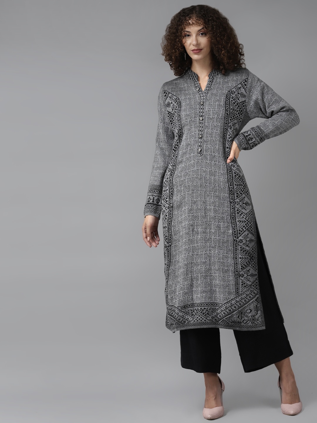 

Cayman Women Grey & Black Ethnic Motifs Woven Design Woollen Straight Winter Kurta