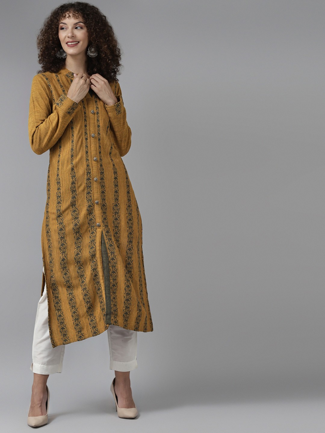 

Cayman Women Mustard Yellow & Olive Green Striped Woollen Straight Winter Kurta