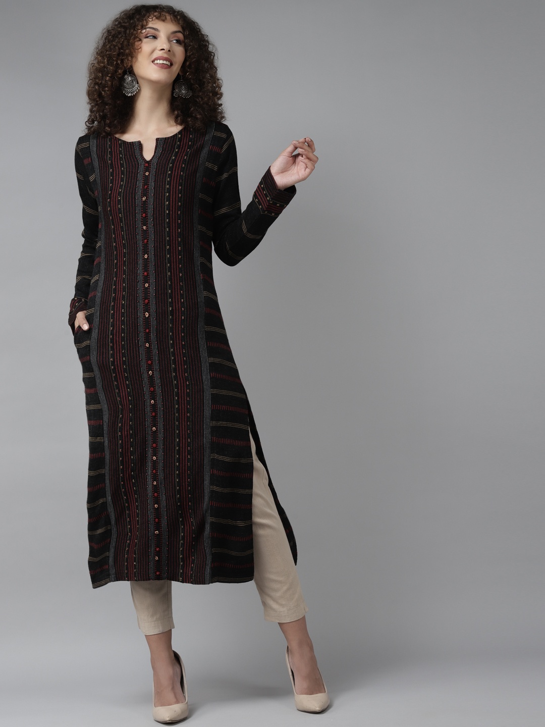 

Cayman Women Black & Maroon Striped Pure Wool Straight Winter Kurta