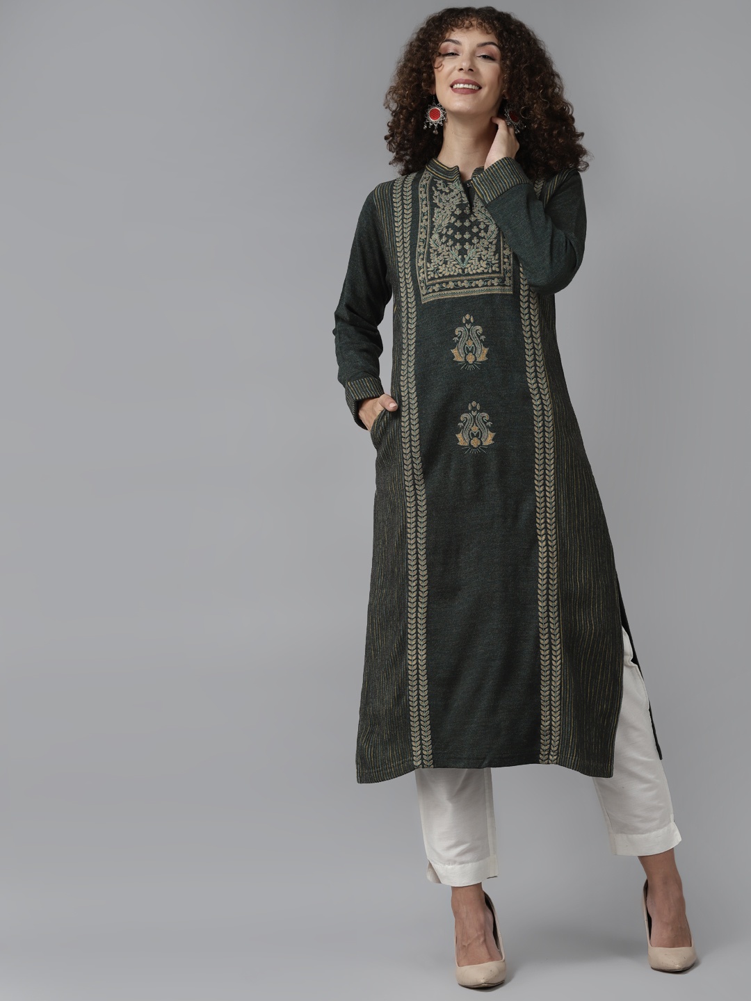 

Cayman Women Green & Mustard Yellow Ethnic Motifs Embroidered Kurta