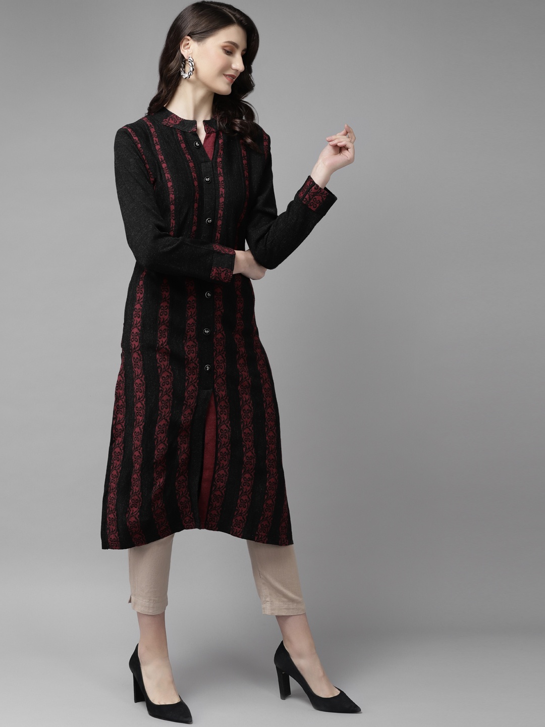 

Cayman Women Black & Maroon Striped Pure Wool Straight Winter Kurta