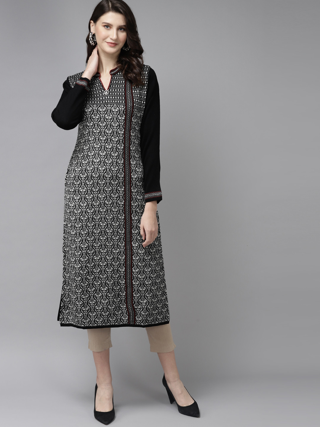 

Cayman Women Black & White Ethnic Motifs Woven Design Woollen Straight Winter Kurta