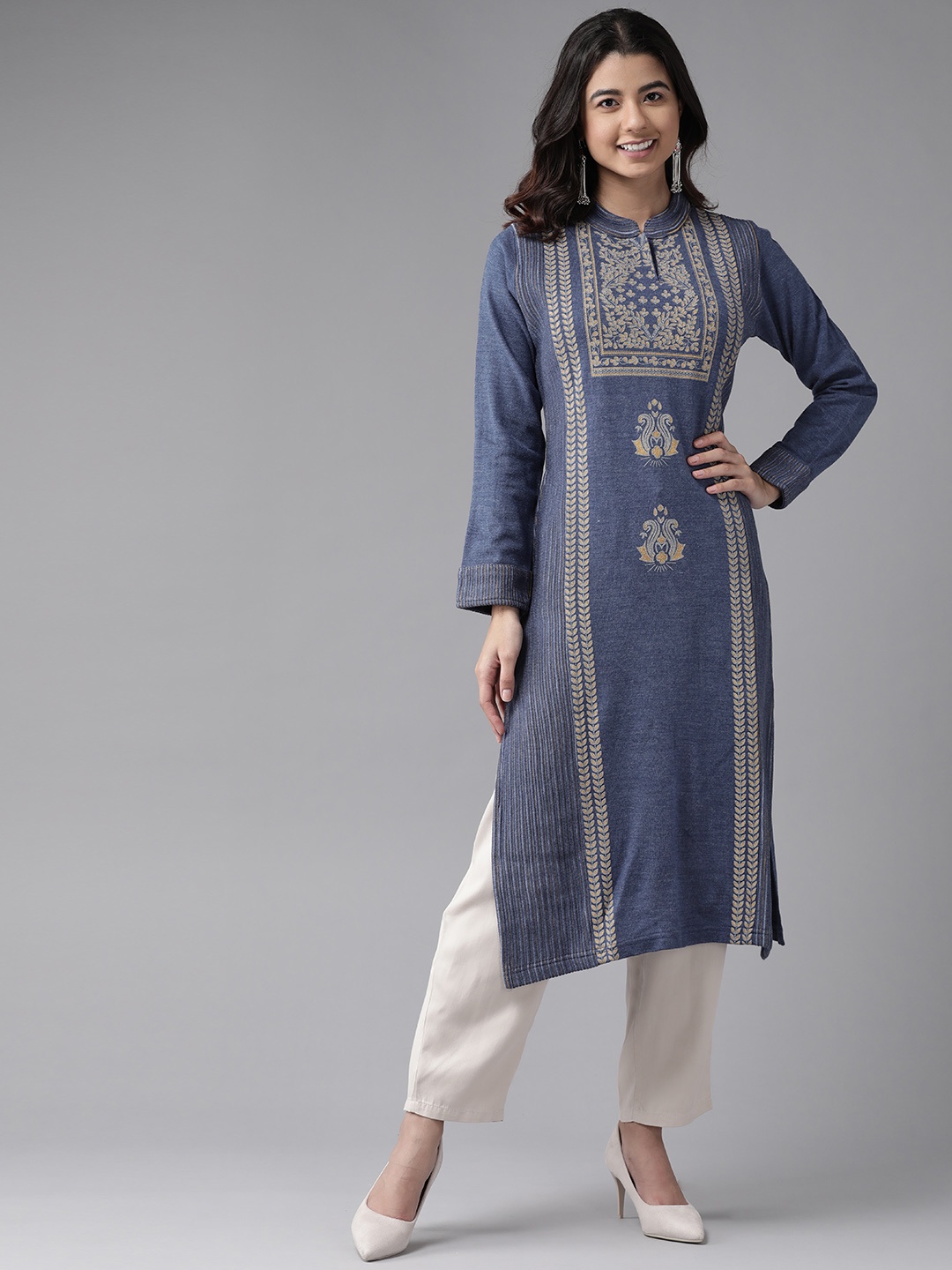 

Cayman Women Blue Woven Design Woollen Kurta