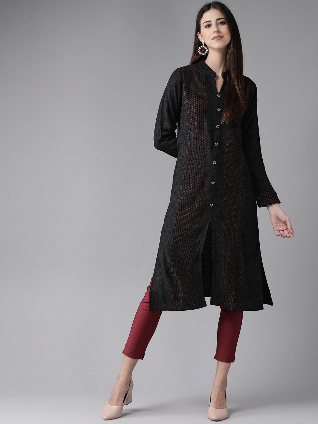 

Cayman Women Black Woven Design Woollen Kurta