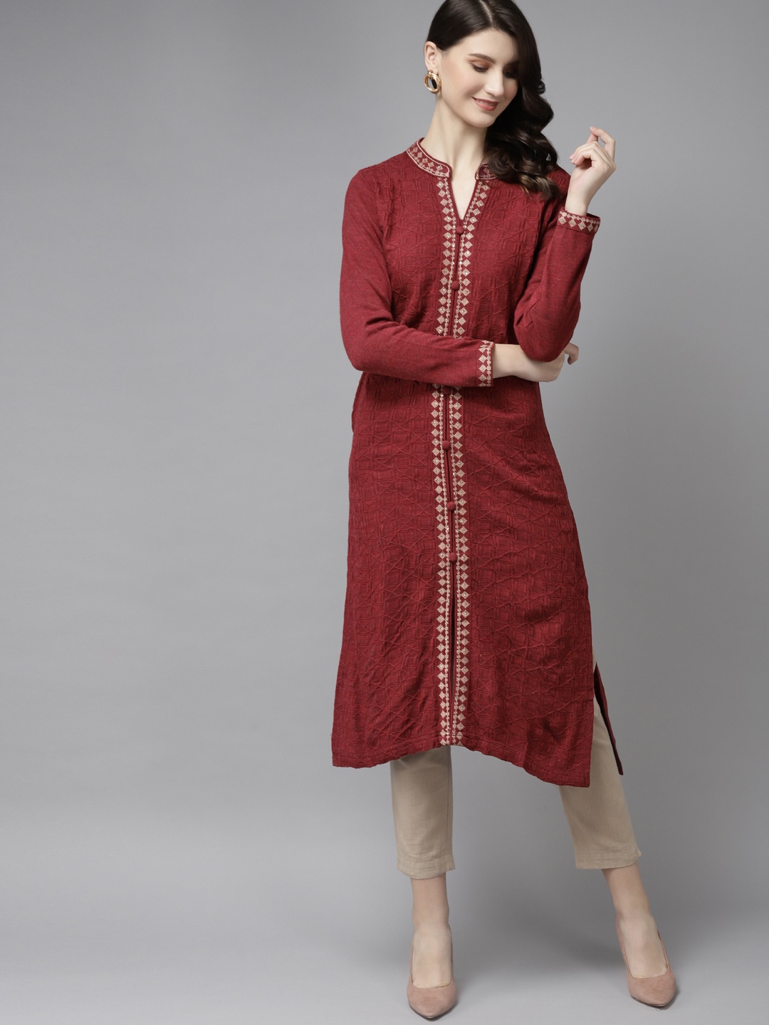 

Cayman Women Maroon Geometric Woven Design Woollen Straight Winter Kurta