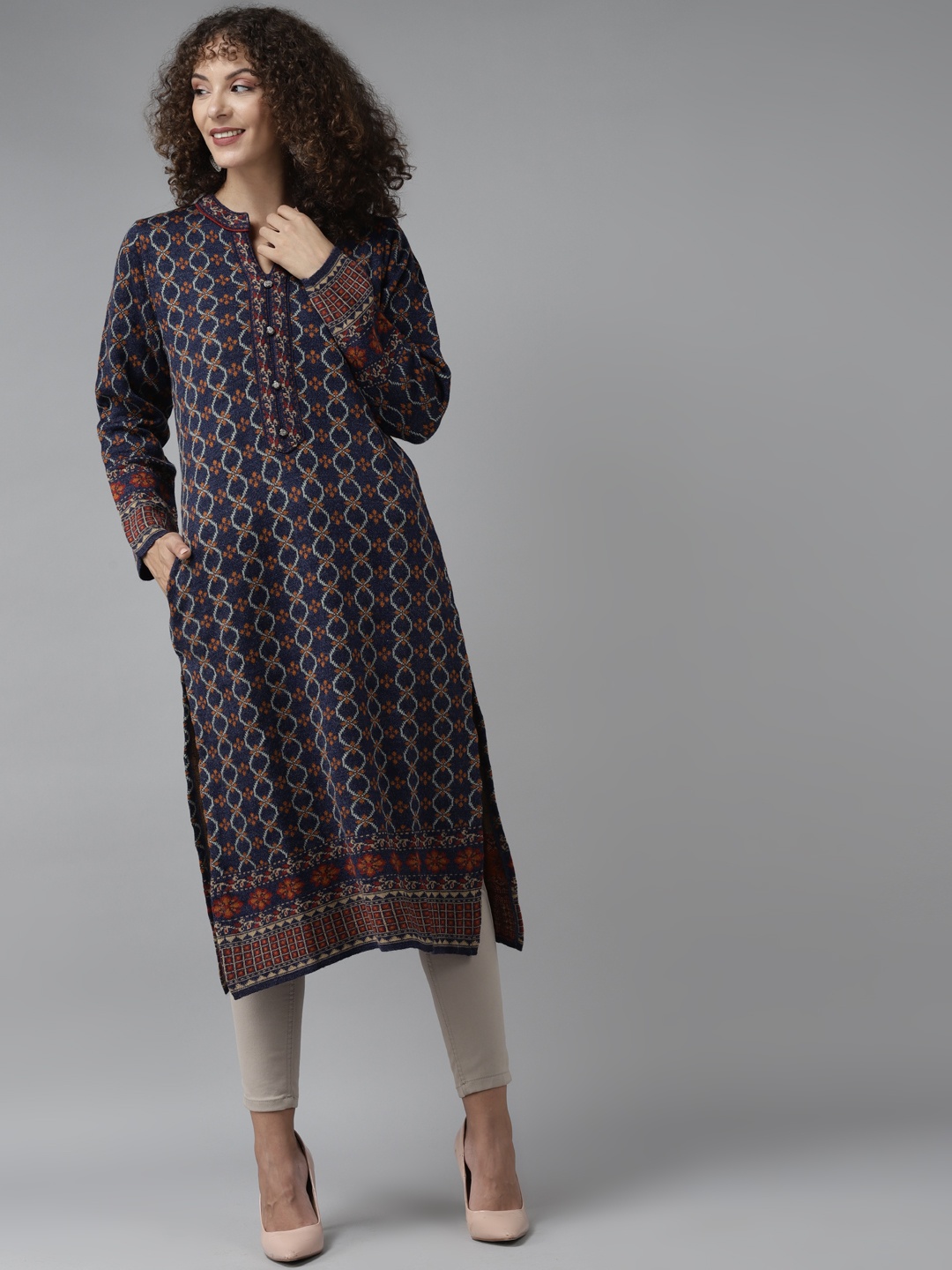 

Cayman Women Navy Blue & Rust Ethnic Motifs Woven Design Woollen Straight Winter Kurta