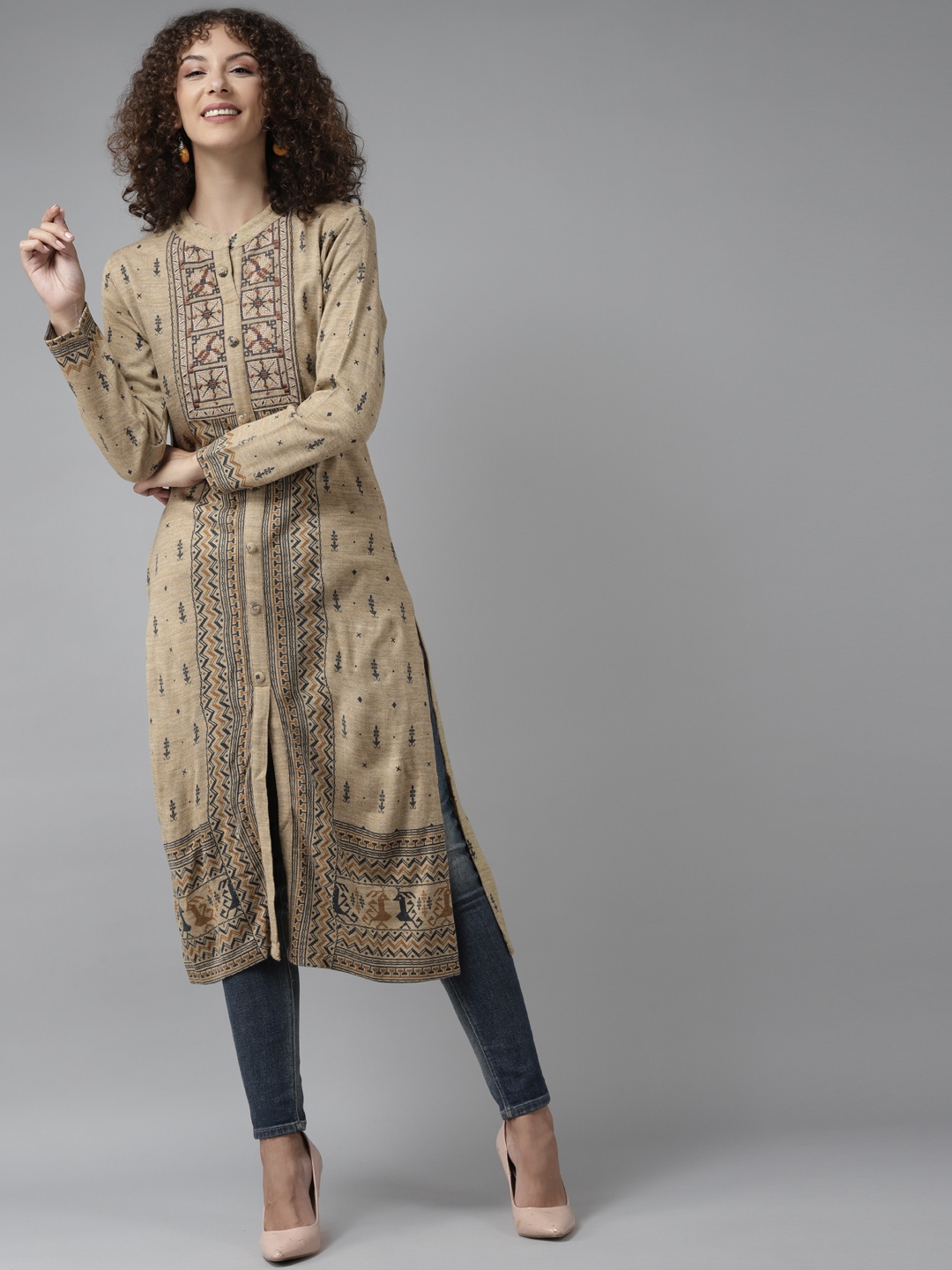 

Cayman Women Beige & Charcoal Grey Woven Design Pure Wool Straight Winter Kurta